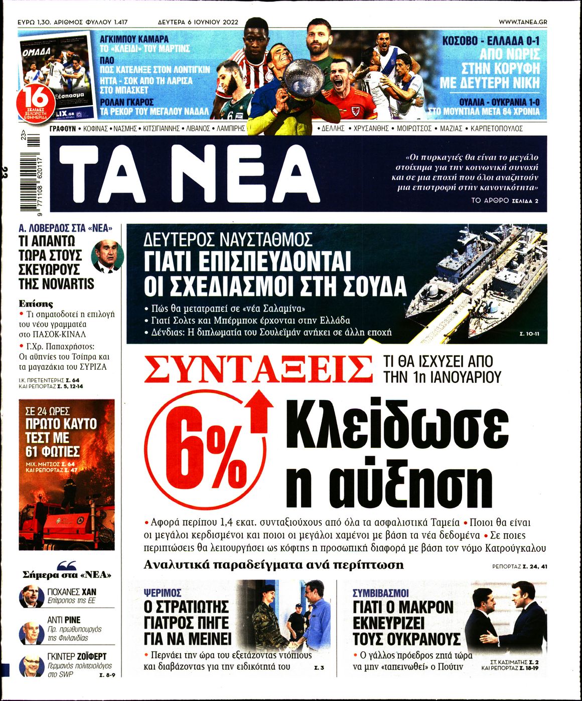 Εξώφυλο εφημερίδας ΤΑ ΝΕΑ 2022-06-06