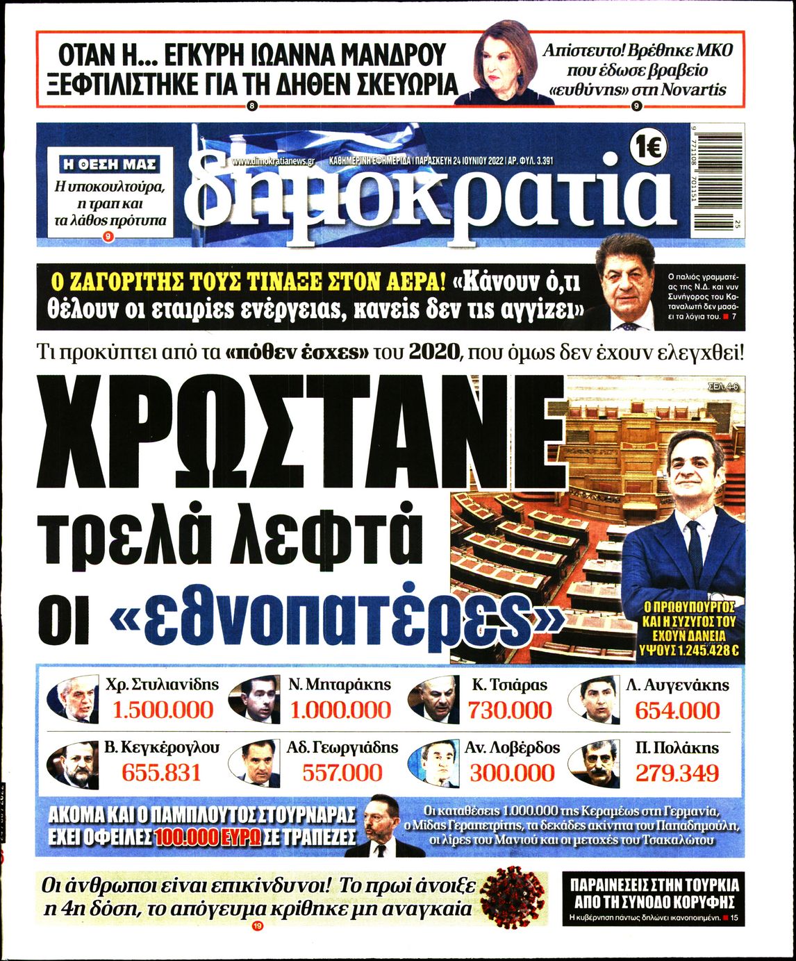 Εξώφυλο εφημερίδας ΔΗΜΟΚΡΑΤΙΑ 2022-06-24