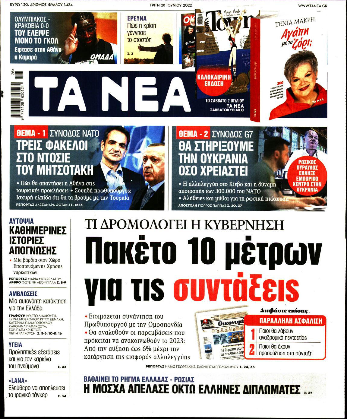 Εξώφυλο εφημερίδας ΤΑ ΝΕΑ 2022-06-28