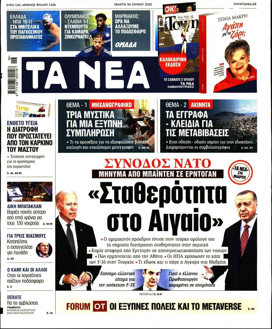 Εξώφυλο εφημερίδας ΤΑ ΝΕΑ 2022-06-30