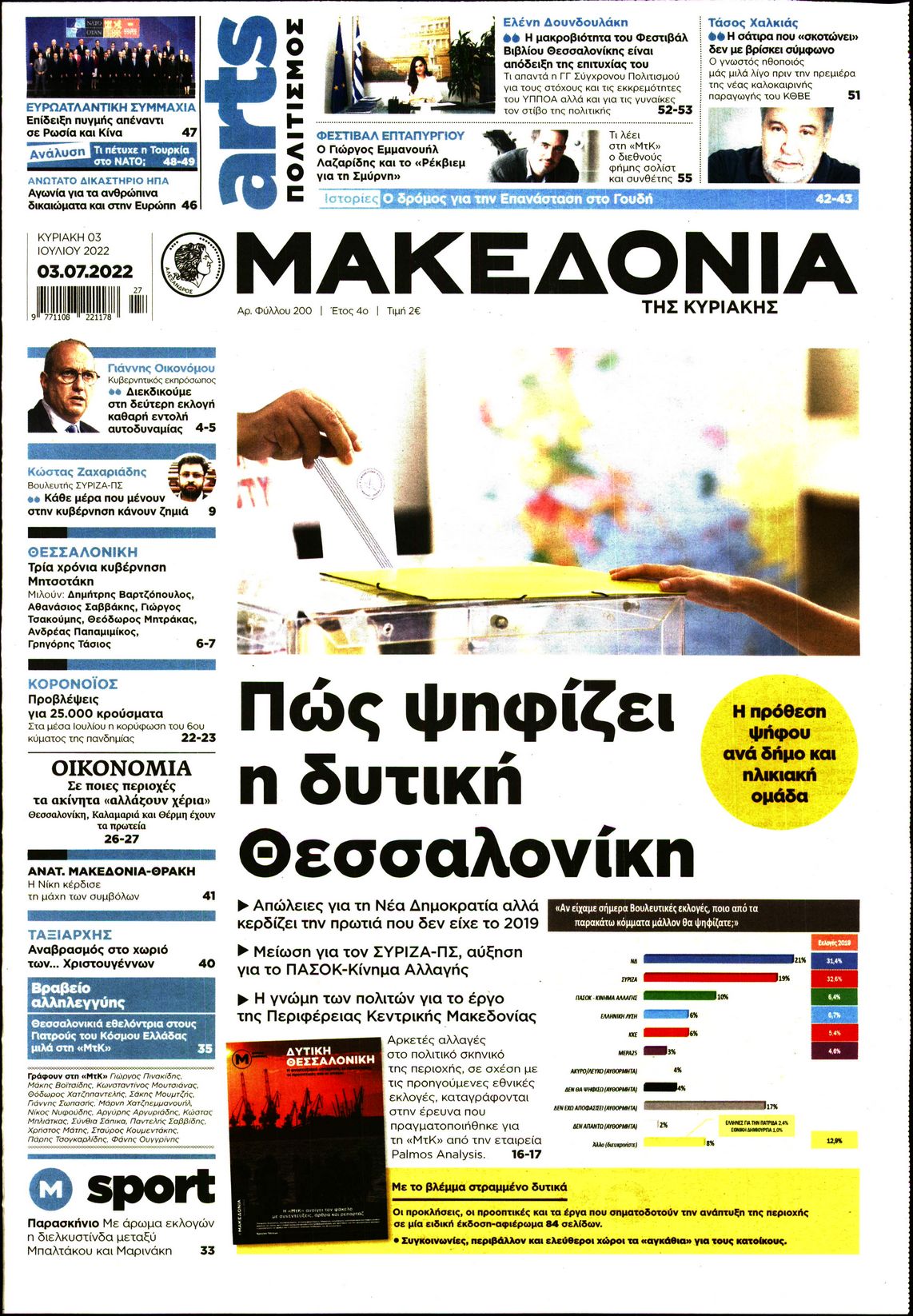 Εξώφυλο εφημερίδας ΜΑΚΕΔΟΝΙΑ 2022-07-03