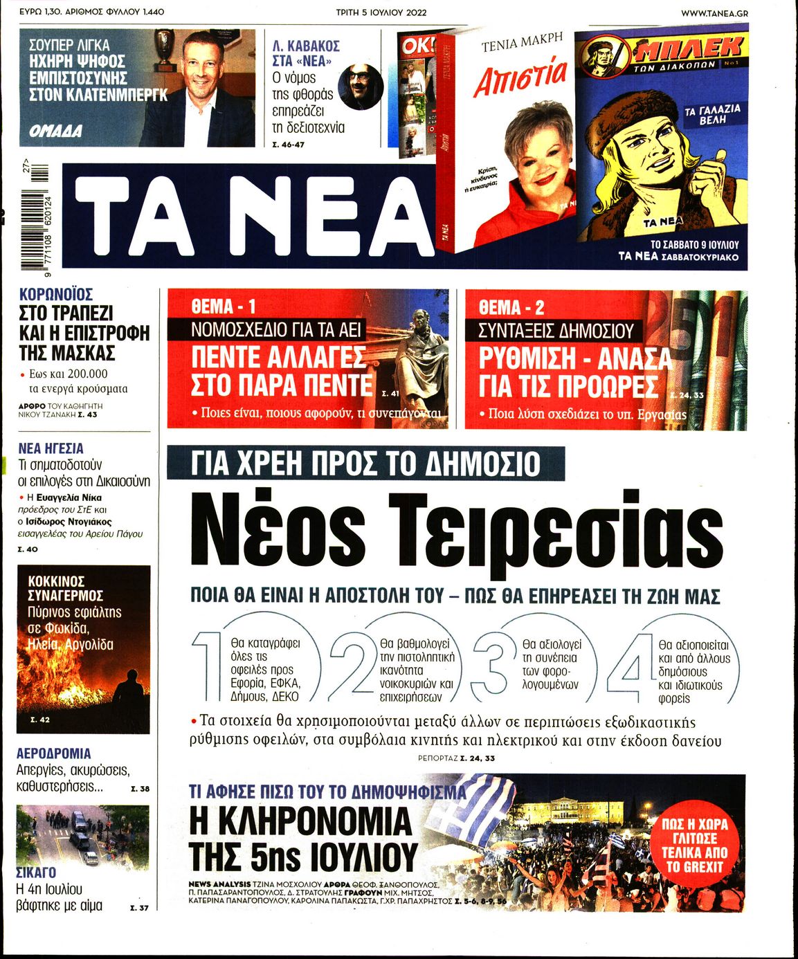 Εξώφυλο εφημερίδας ΤΑ ΝΕΑ 2022-07-05