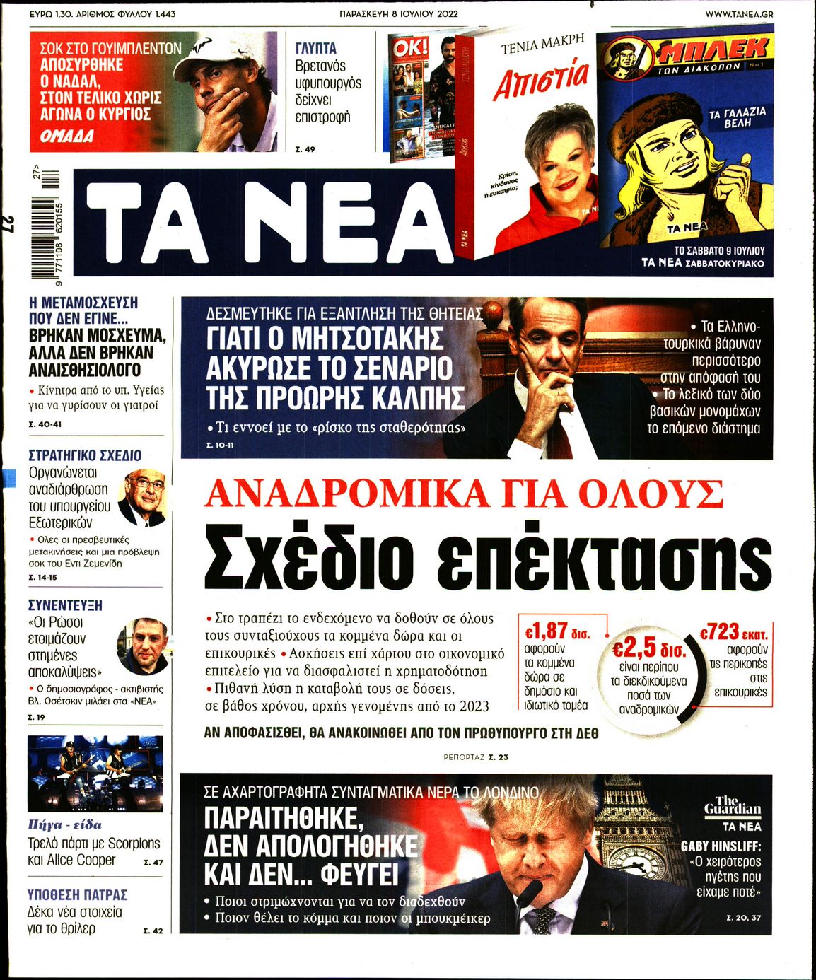 Εξώφυλο εφημερίδας ΤΑ ΝΕΑ 2022-07-08