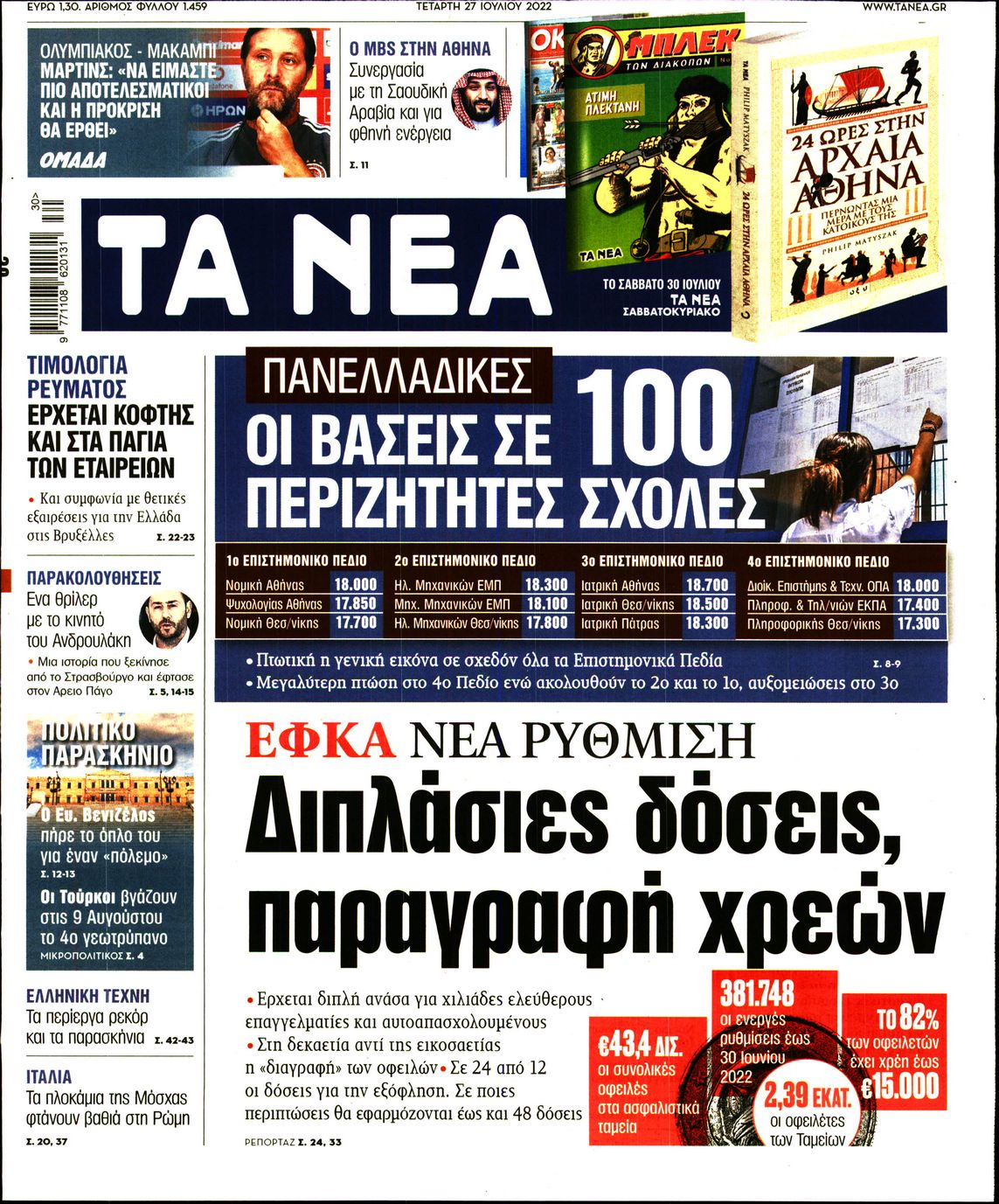 Εξώφυλο εφημερίδας ΤΑ ΝΕΑ 2022-07-27