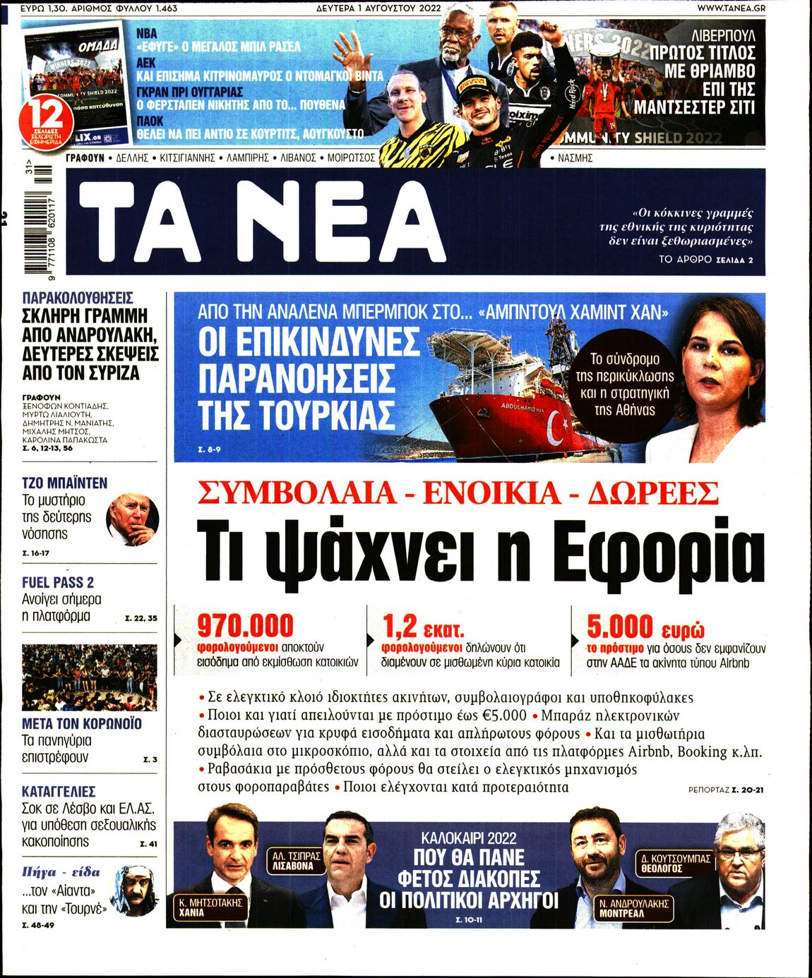 Εξώφυλο εφημερίδας ΤΑ ΝΕΑ 2022-08-01