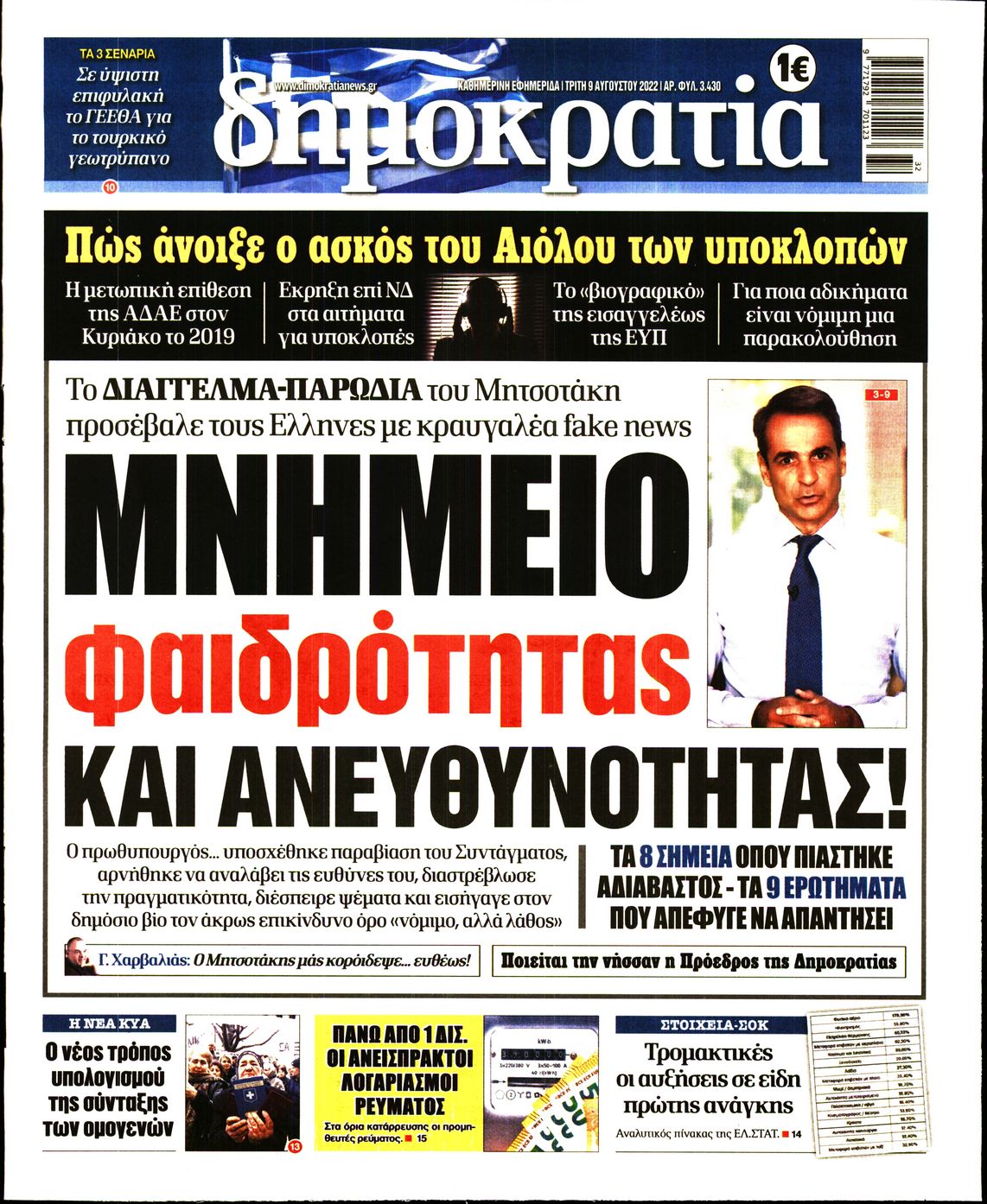 Εξώφυλο εφημερίδας ΔΗΜΟΚΡΑΤΙΑ 2022-08-09