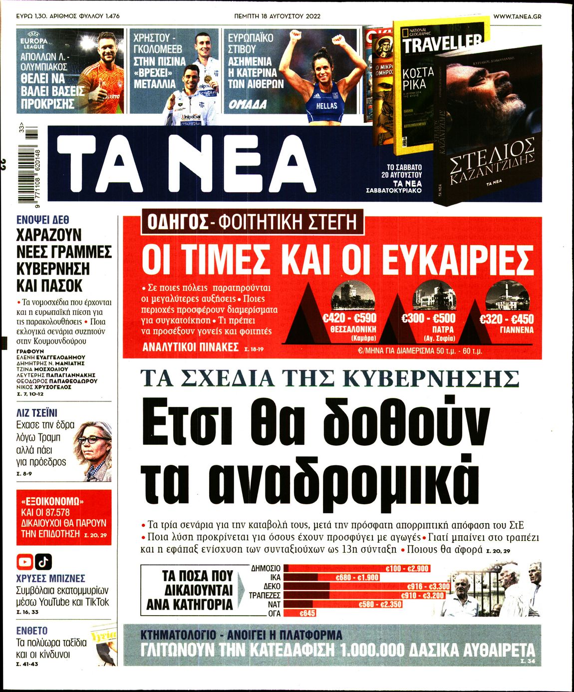 Εξώφυλο εφημερίδας ΤΑ ΝΕΑ 2022-08-18