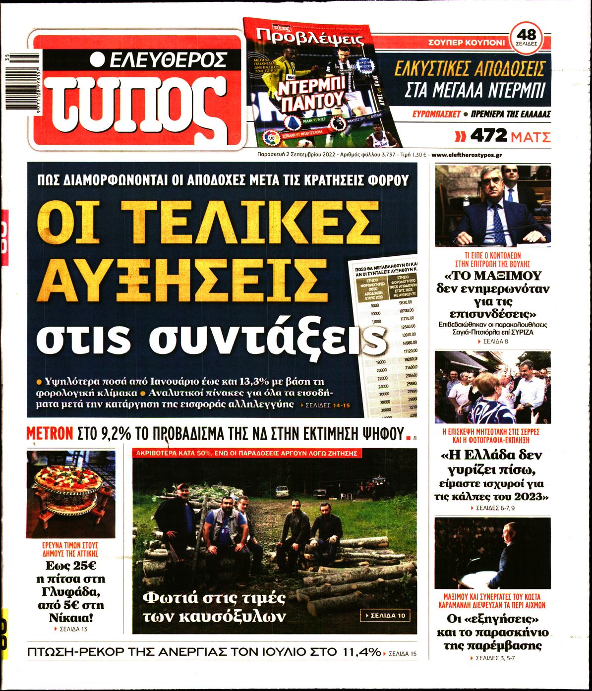 Εξώφυλο εφημερίδας ΕΛΕΥΘΕΡΟΣ ΤΥΠΟΣ 2022-09-02