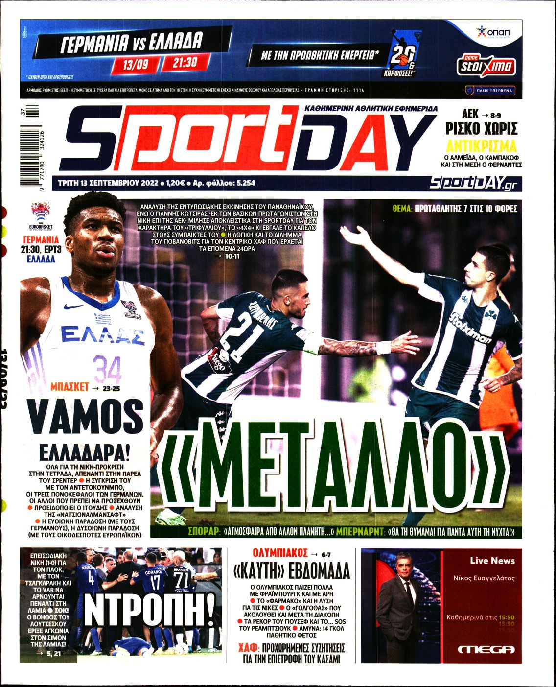 Εξώφυλο εφημερίδας SPORTDAY 2022-09-13