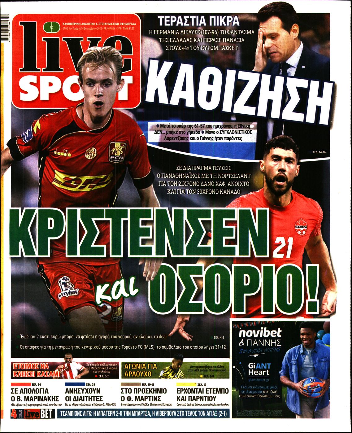 Εξώφυλο εφημερίδας LIVE SPORT 2022-09-14