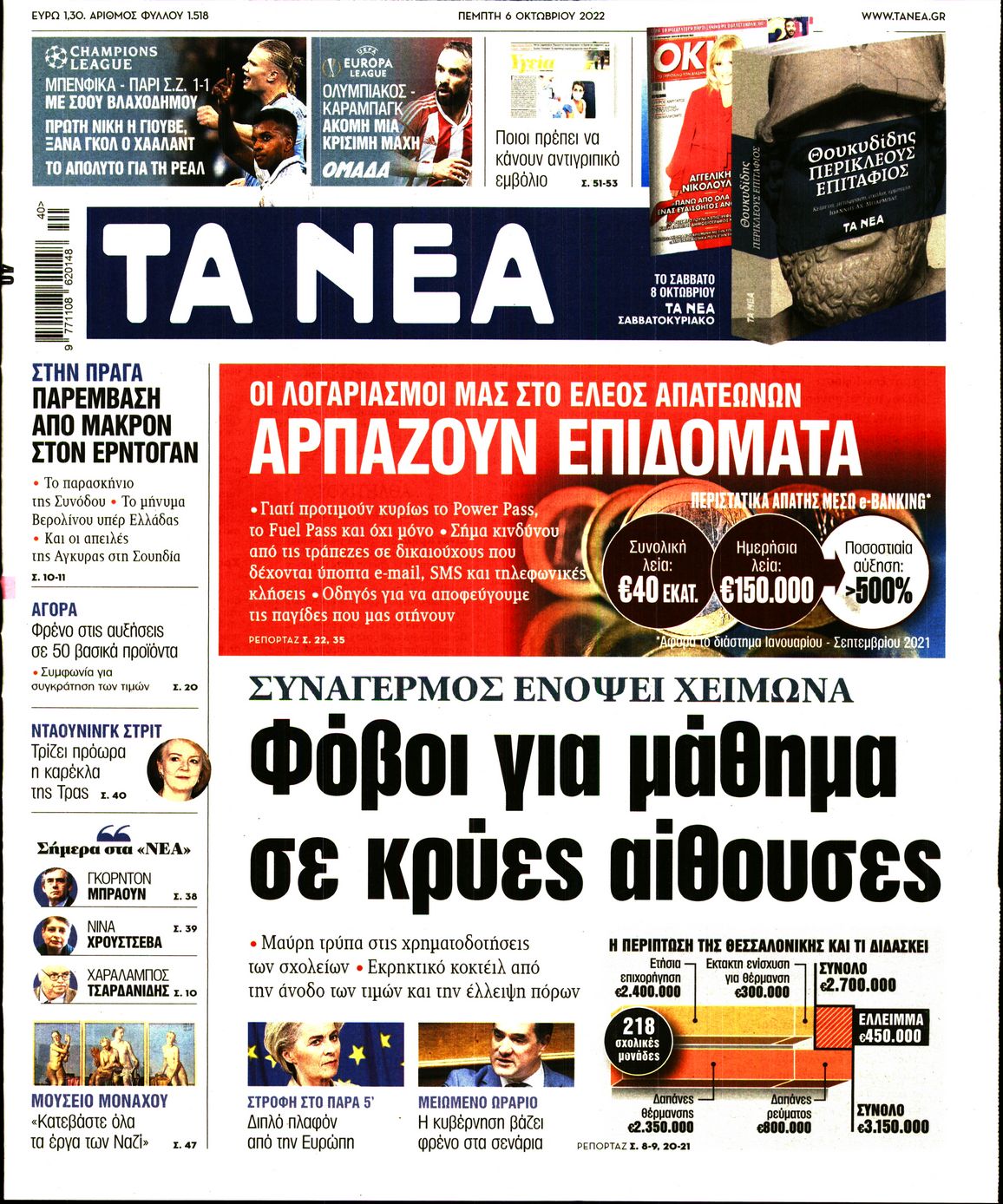 Εξώφυλο εφημερίδας ΤΑ ΝΕΑ 2022-10-06