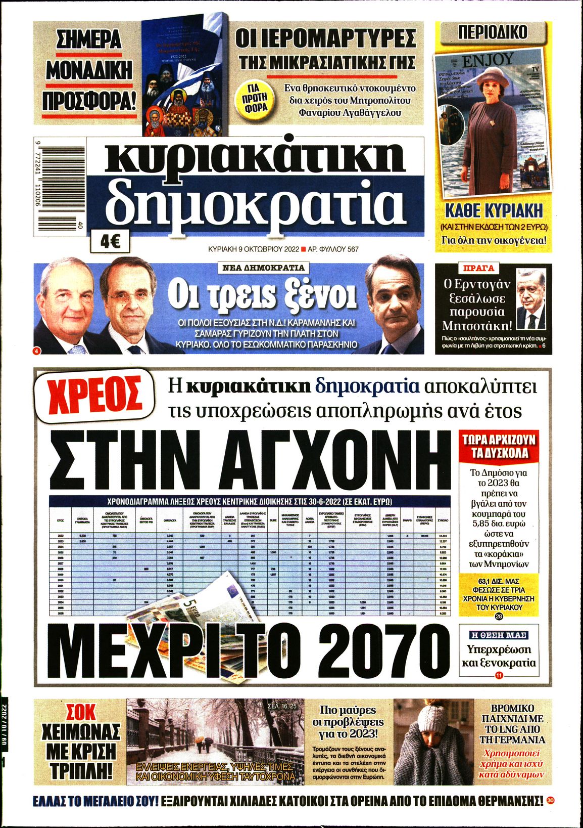 Εξώφυλο εφημερίδας ΔΗΜΟΚΡΑΤΙΑ 2022-10-09