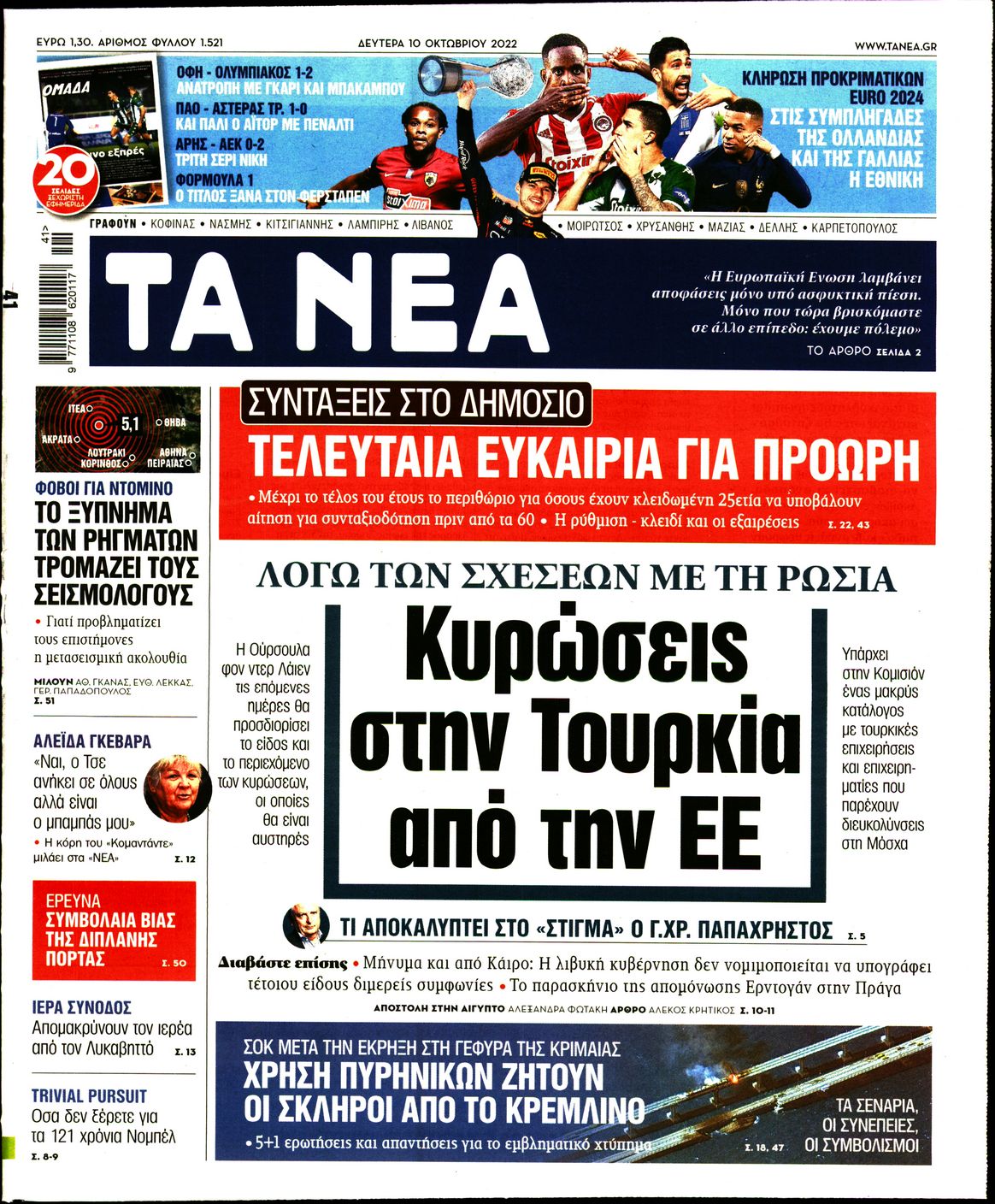 Εξώφυλο εφημερίδας ΤΑ ΝΕΑ 2022-10-10