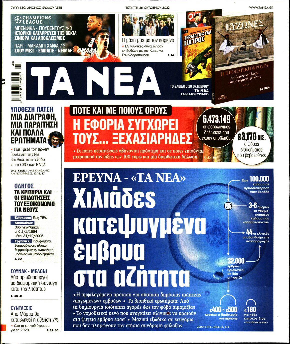 Εξώφυλο εφημερίδας ΤΑ ΝΕΑ 2022-10-26