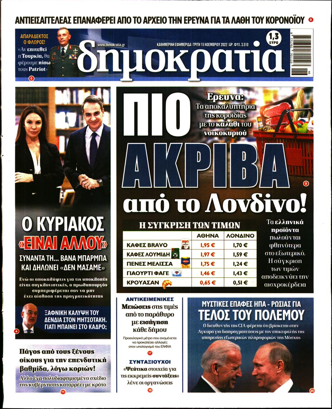 Εξώφυλο εφημερίδας ΔΗΜΟΚΡΑΤΙΑ 2022-11-15
