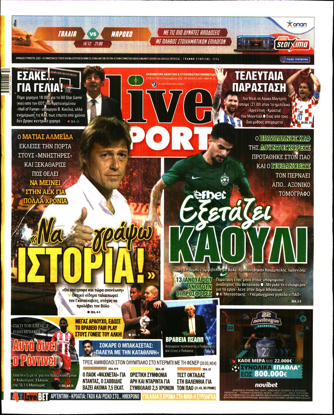 Εξώφυλο εφημερίδας LIVE SPORT 2022-12-13