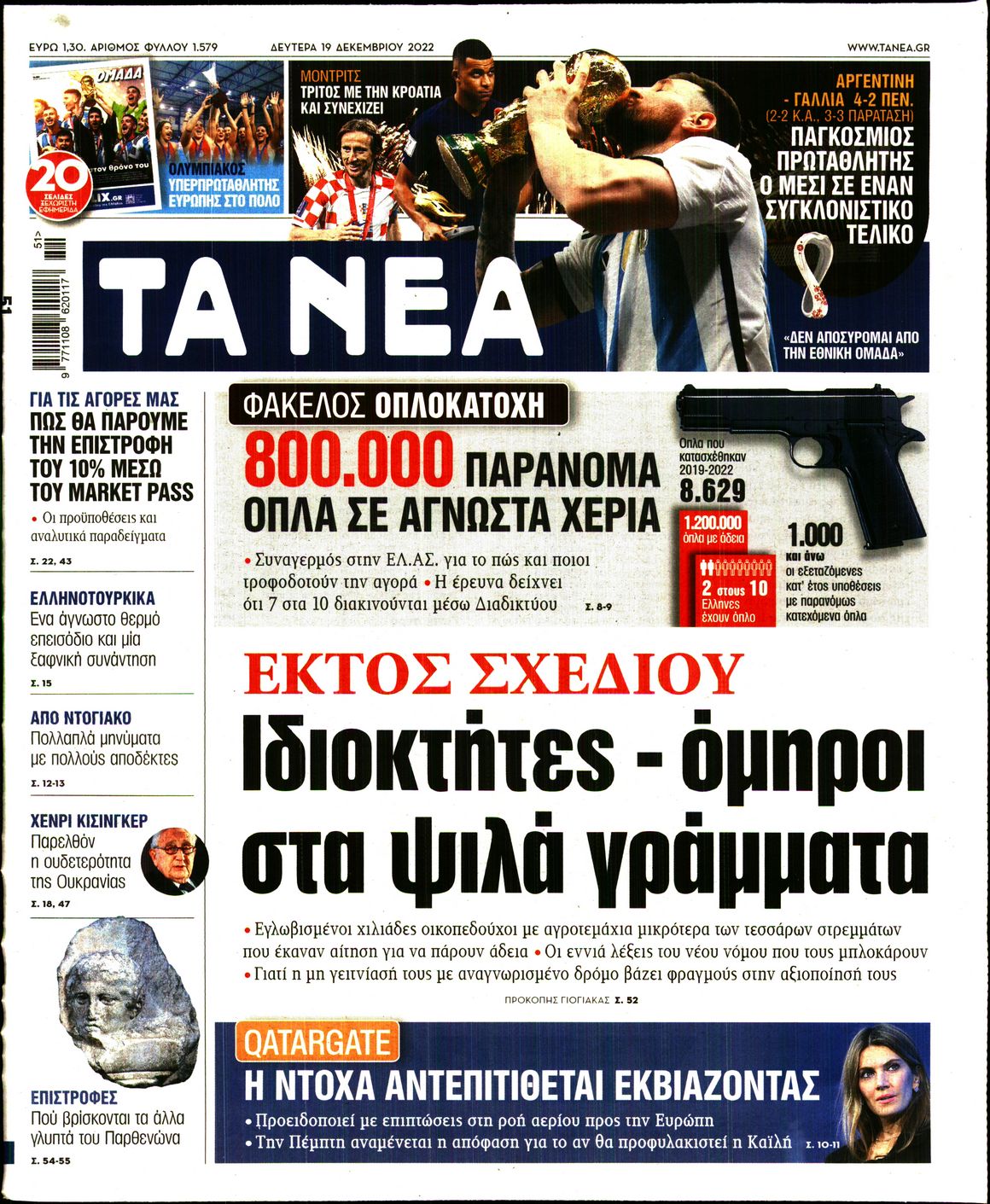 Εξώφυλο εφημερίδας ΤΑ ΝΕΑ 2022-12-19