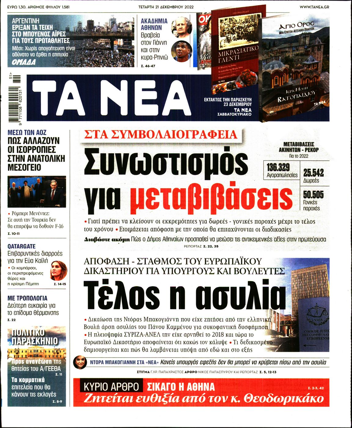 Εξώφυλο εφημερίδας ΤΑ ΝΕΑ 2022-12-21