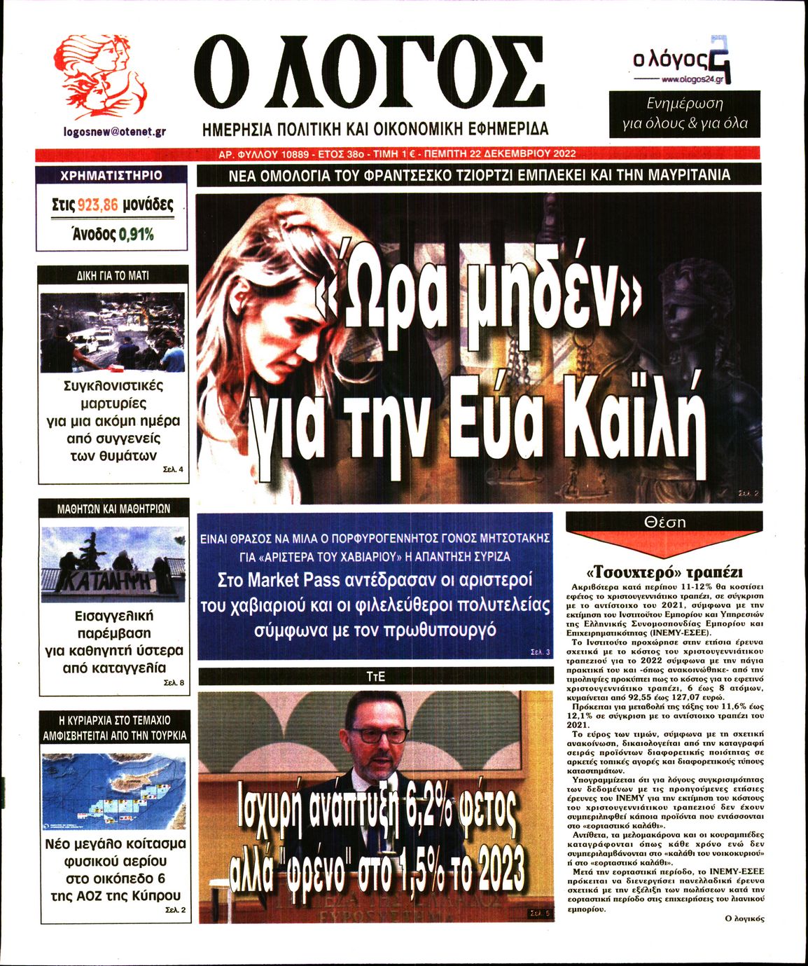 Εξώφυλο εφημερίδας Ο ΛΟΓΟΣ 2022-12-22