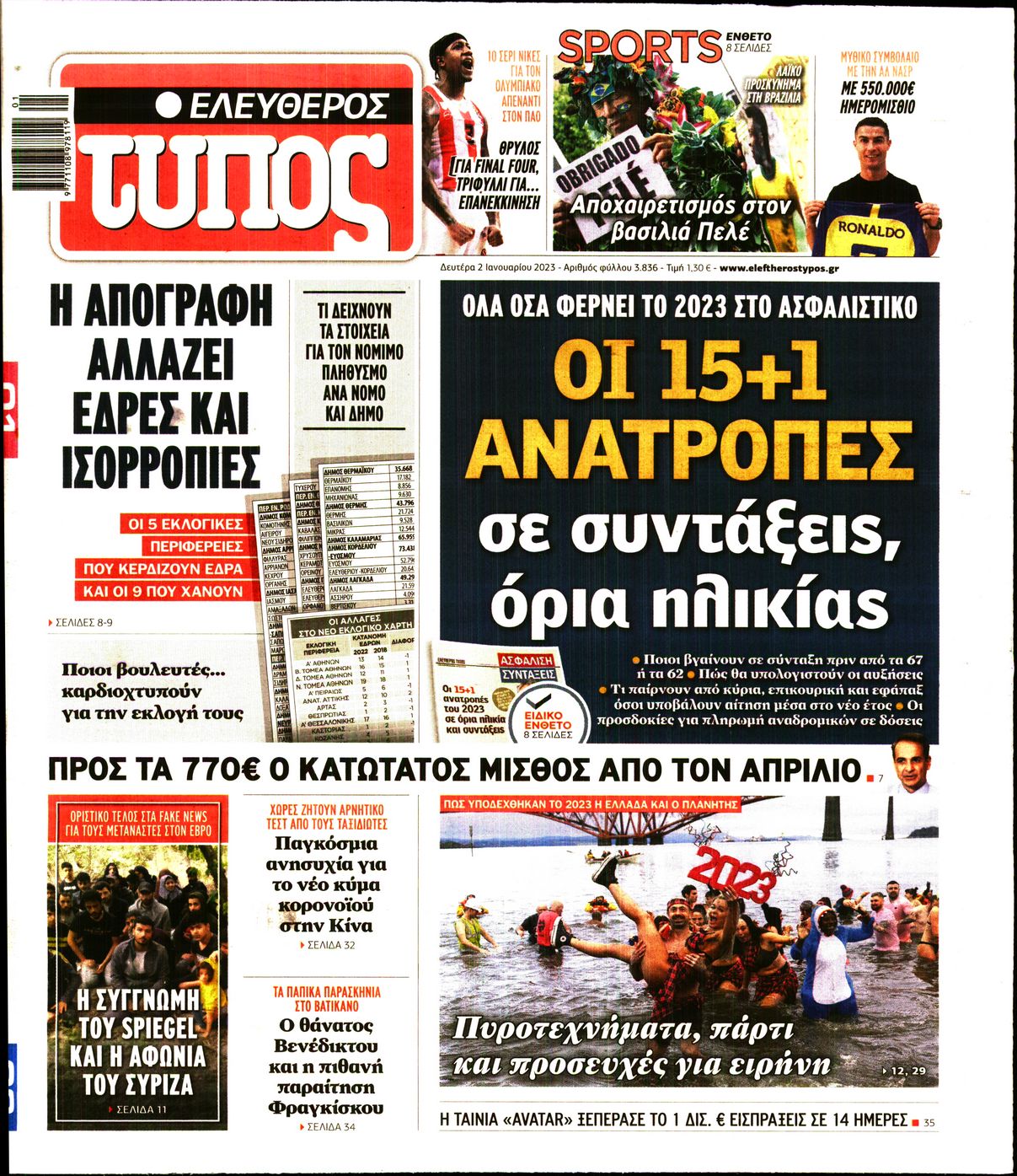 Εξώφυλο εφημερίδας ΕΛΕΥΘΕΡΟΣ ΤΥΠΟΣ 2023-01-02