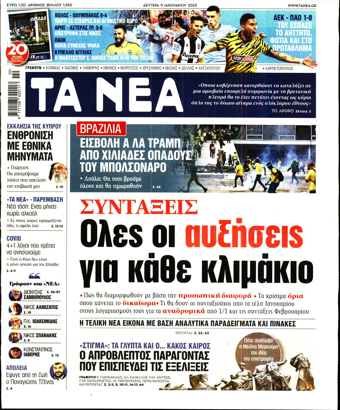 Εξώφυλο εφημερίδας ΤΑ ΝΕΑ 2023-01-09