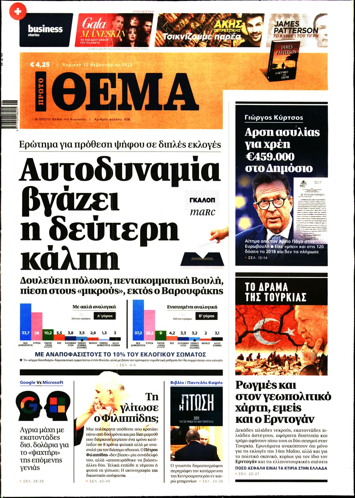 Εξώφυλο εφημερίδας ΠΡΩΤΟ ΘΕΜΑ 2023-02-12