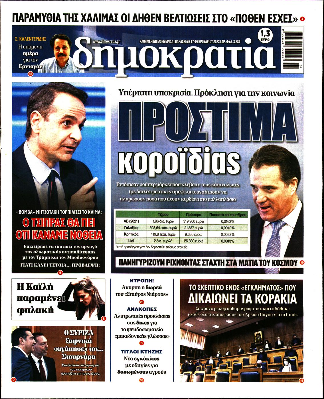 Εξώφυλο εφημερίδας ΔΗΜΟΚΡΑΤΙΑ 2023-02-17