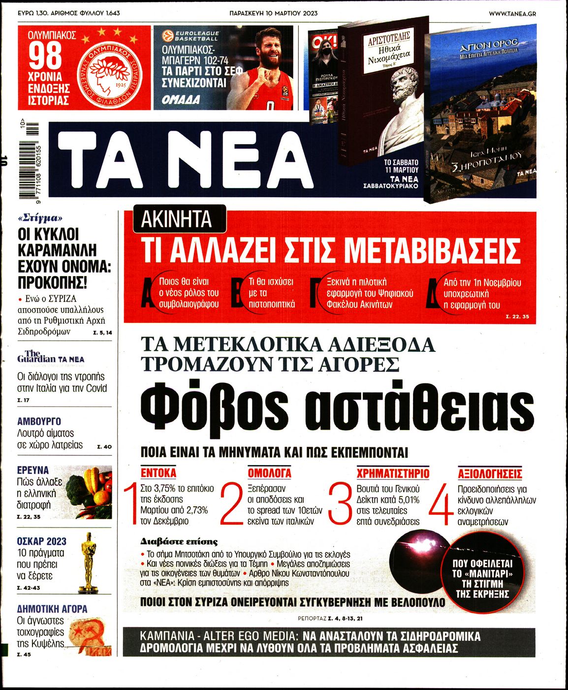 Εξώφυλο εφημερίδας ΤΑ ΝΕΑ 2023-03-10