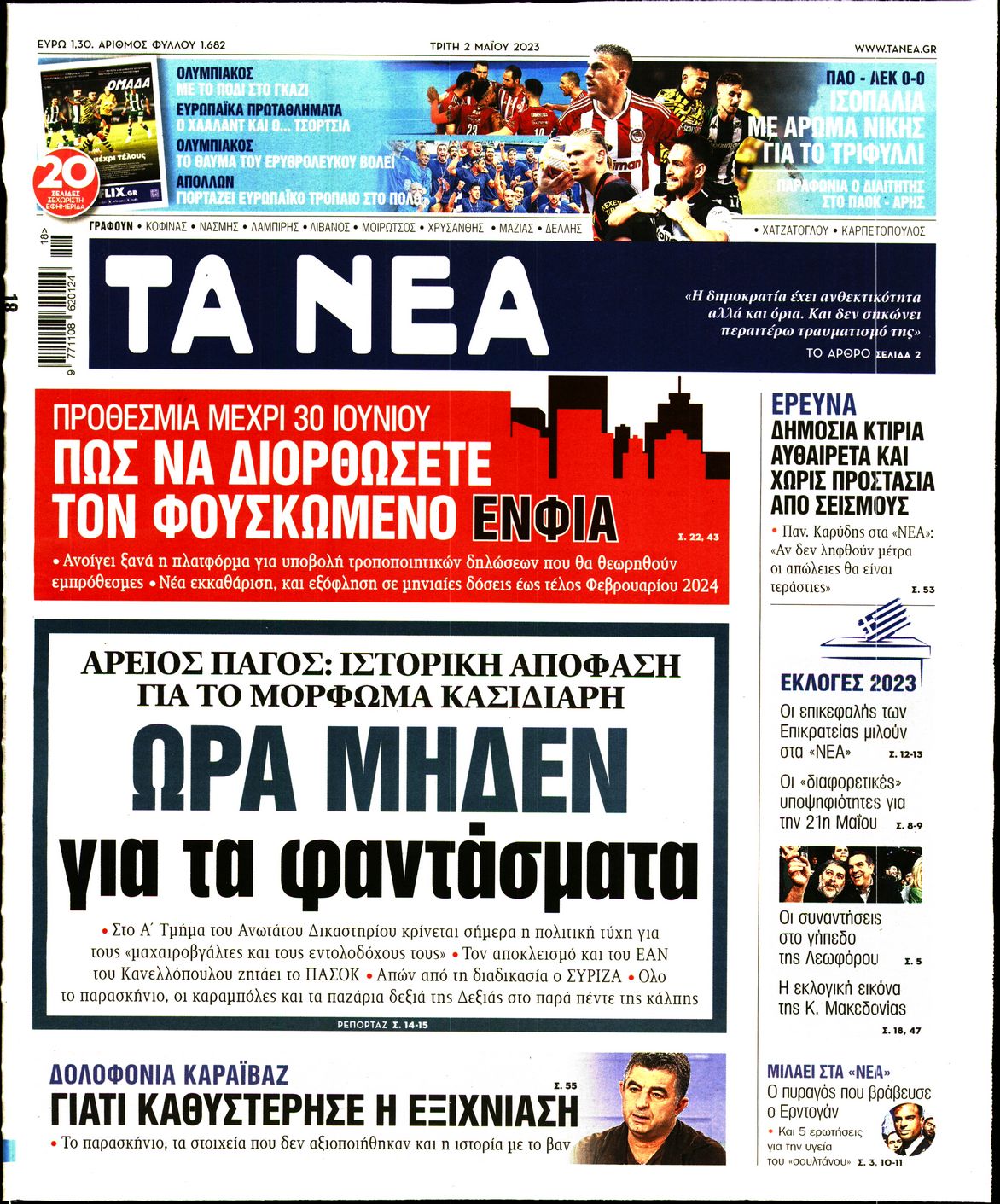 Εξώφυλο εφημερίδας ΤΑ ΝΕΑ 2023-05-02