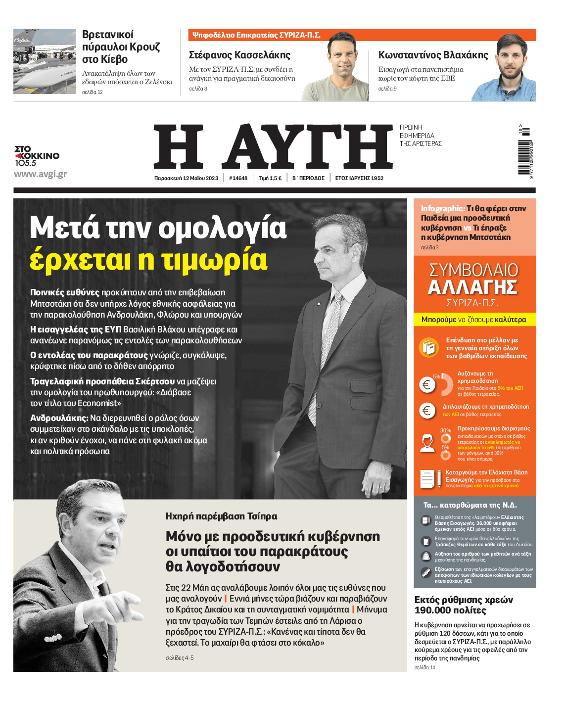 Εξώφυλο εφημερίδας ΑΥΓΗ 2023-05-12