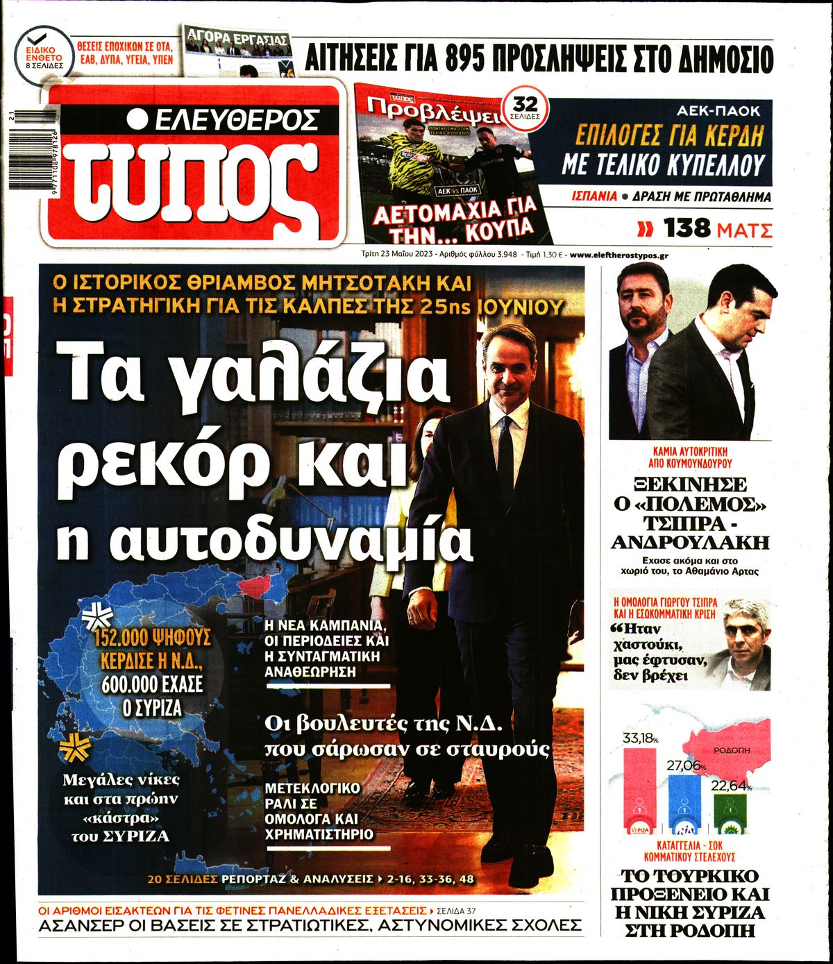 Εξώφυλο εφημερίδας ΕΛΕΥΘΕΡΟΣ ΤΥΠΟΣ 2023-05-23