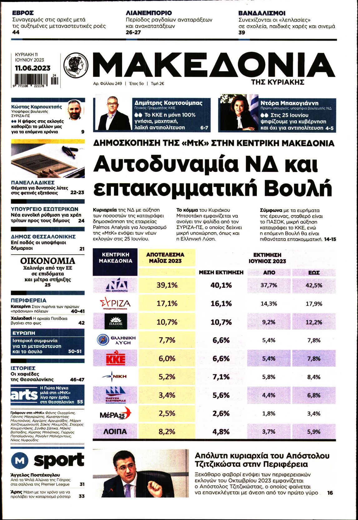Εξώφυλο εφημερίδας ΜΑΚΕΔΟΝΙΑ 2023-06-11