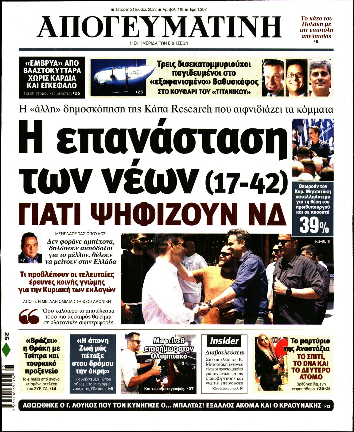 Εξώφυλο εφημερίδας ΑΠΟΓΕΥΜΑΤΙΝΗ 2023-06-21