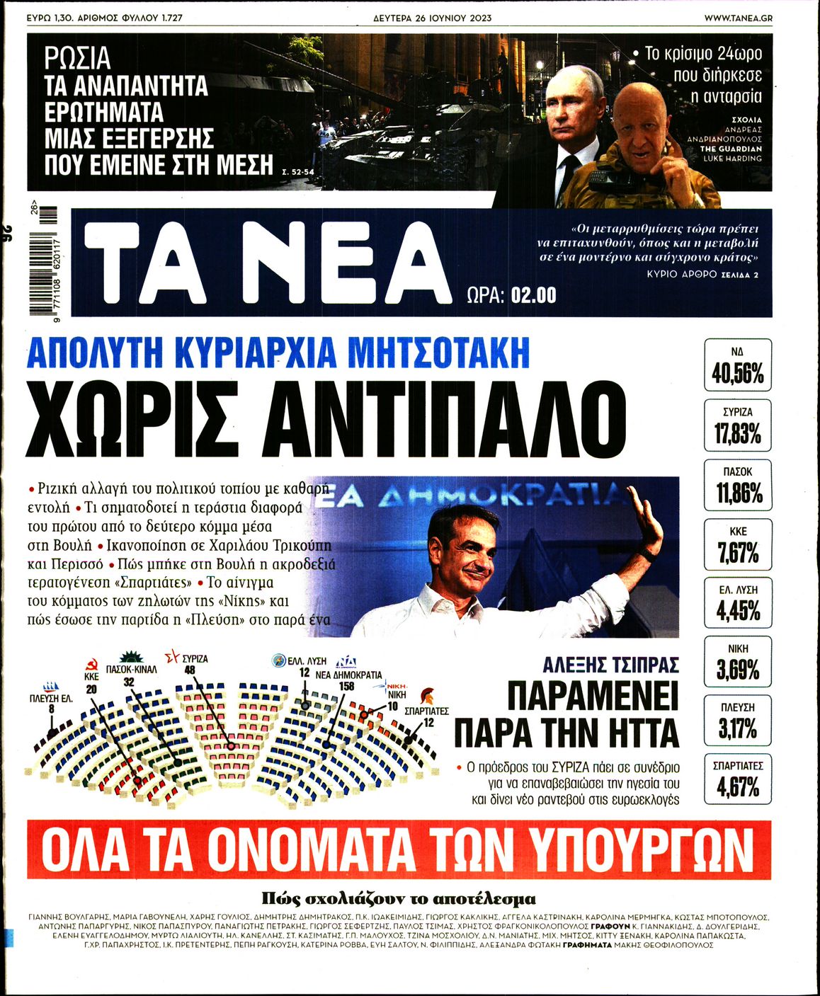 Εξώφυλο εφημερίδας ΤΑ ΝΕΑ 2023-06-26