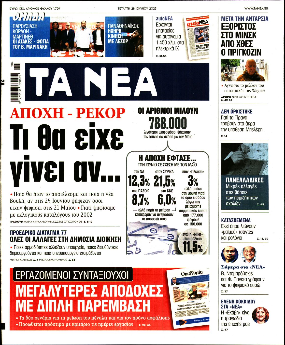 Εξώφυλο εφημερίδας ΤΑ ΝΕΑ 2023-06-28
