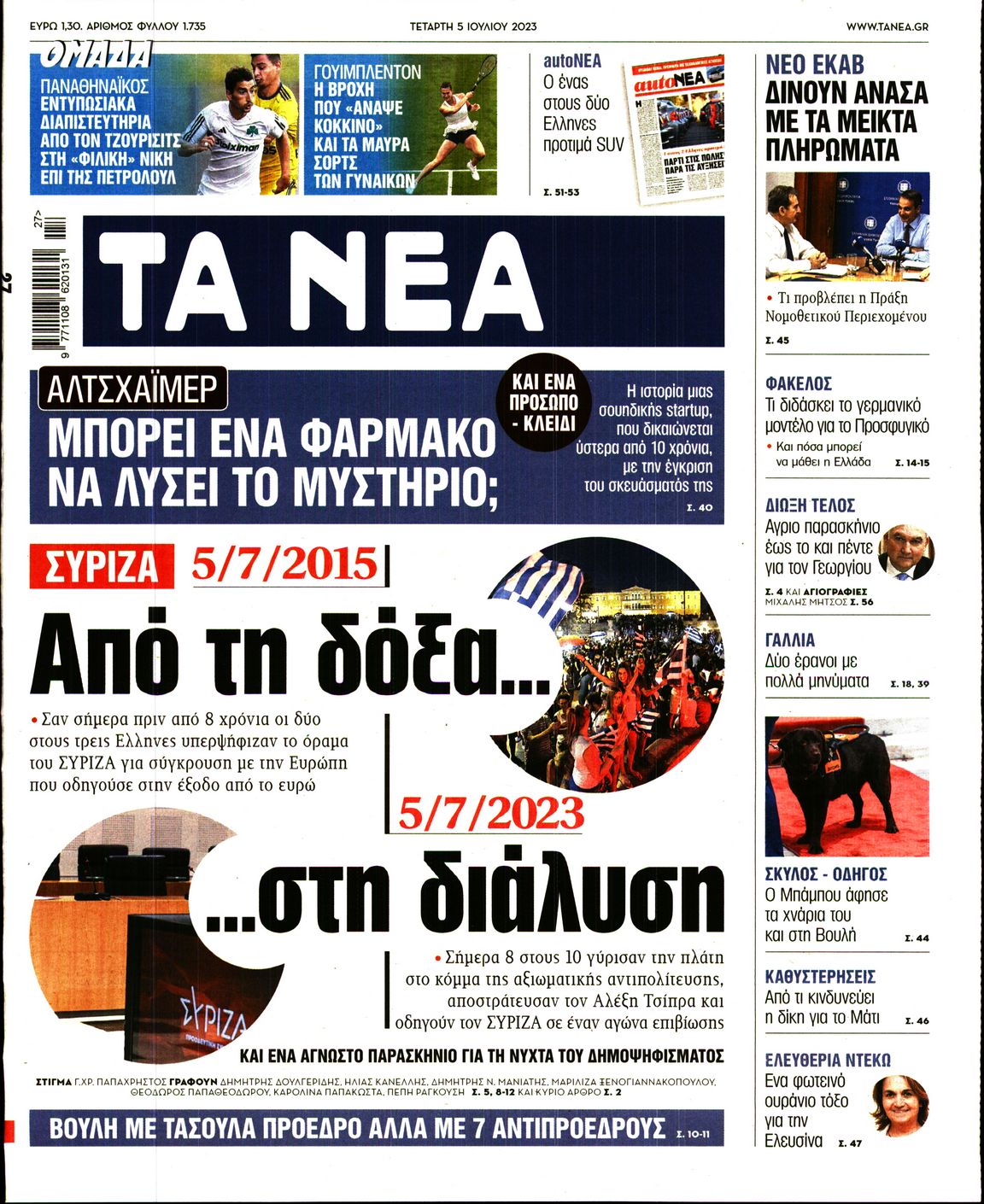 Εξώφυλο εφημερίδας ΤΑ ΝΕΑ 2023-07-05
