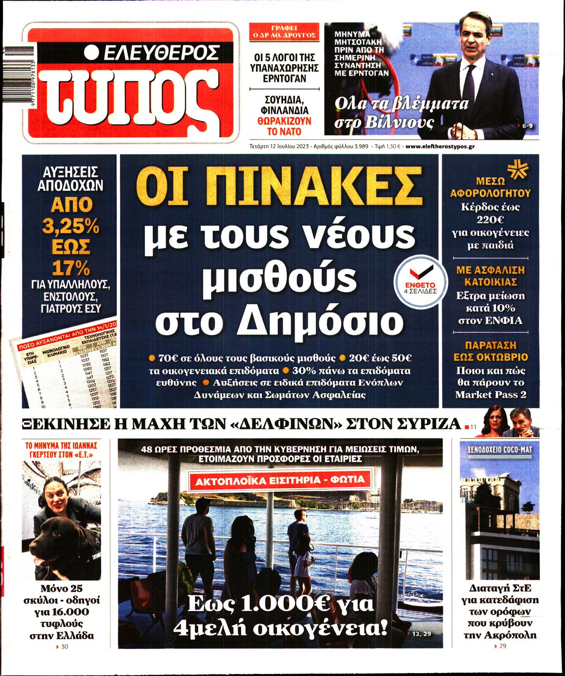 Εξώφυλο εφημερίδας ΕΛΕΥΘΕΡΟΣ ΤΥΠΟΣ 2023-07-12