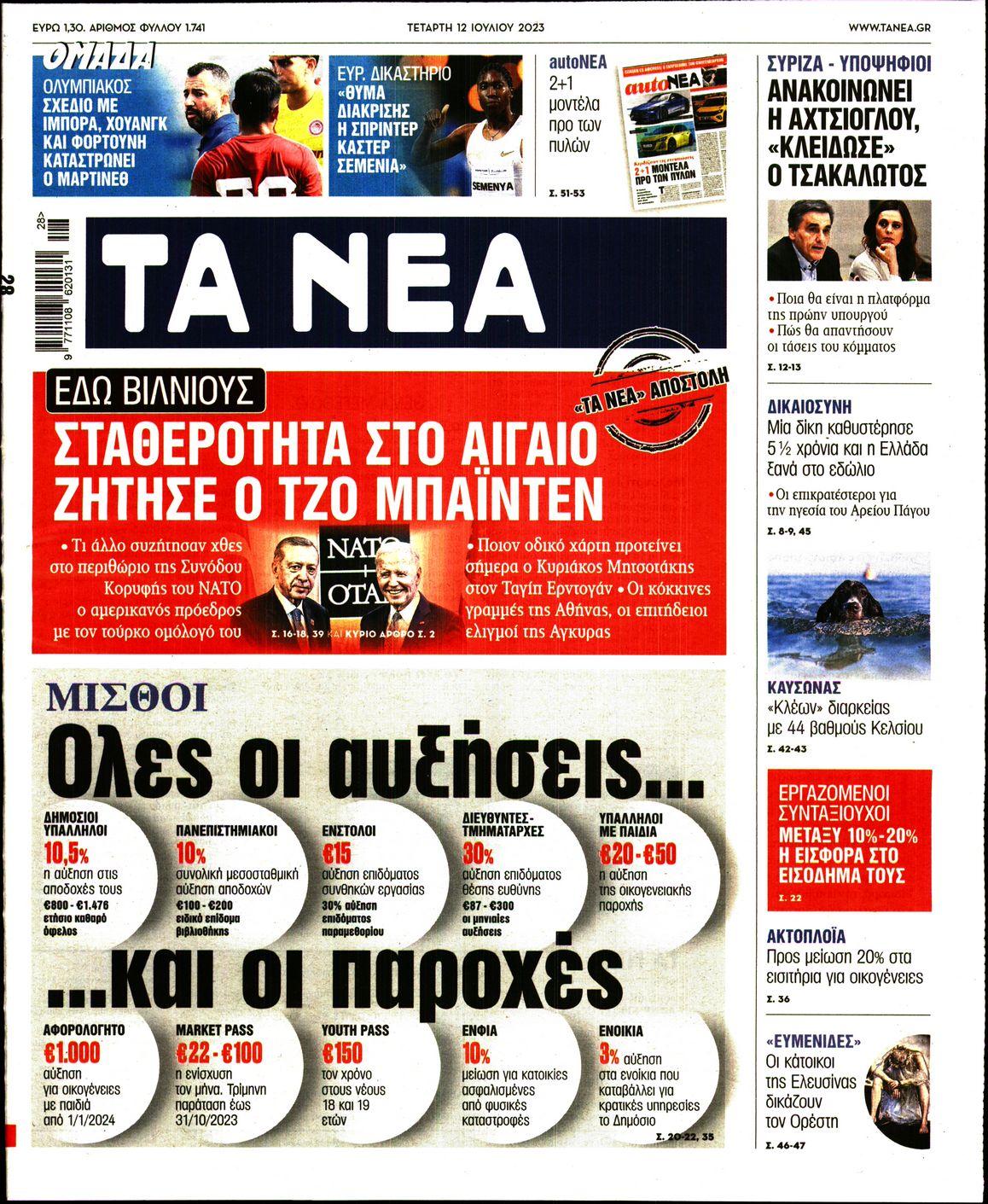 Εξώφυλο εφημερίδας ΤΑ ΝΕΑ 2023-07-12