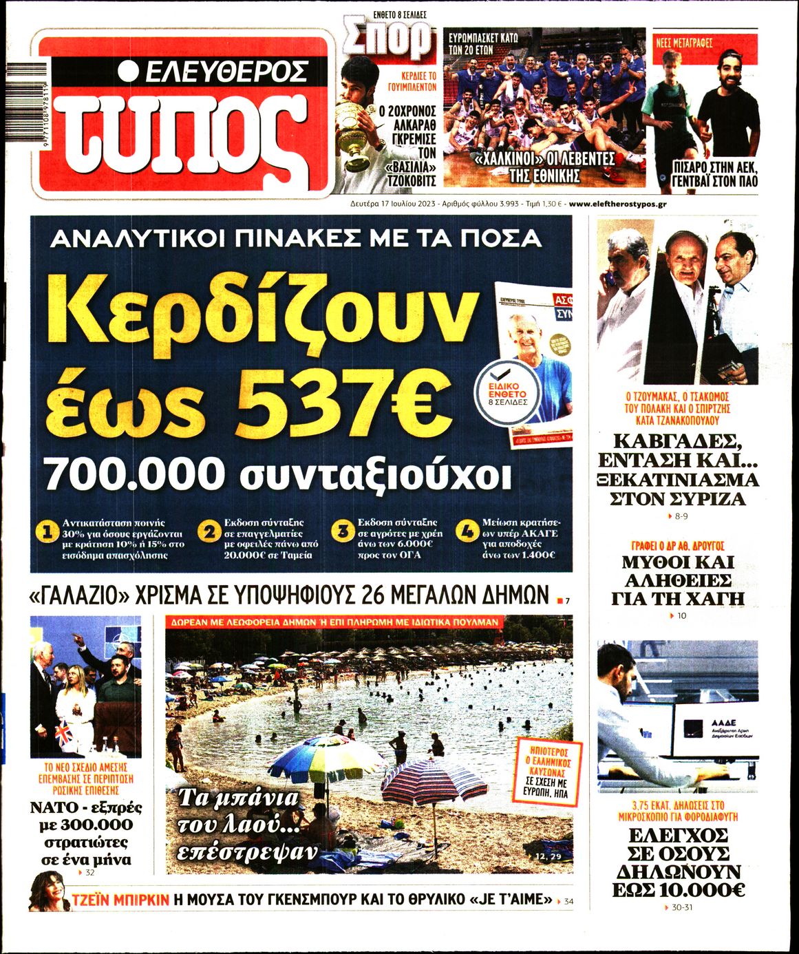 Εξώφυλο εφημερίδας ΕΛΕΥΘΕΡΟΣ ΤΥΠΟΣ 2023-07-17