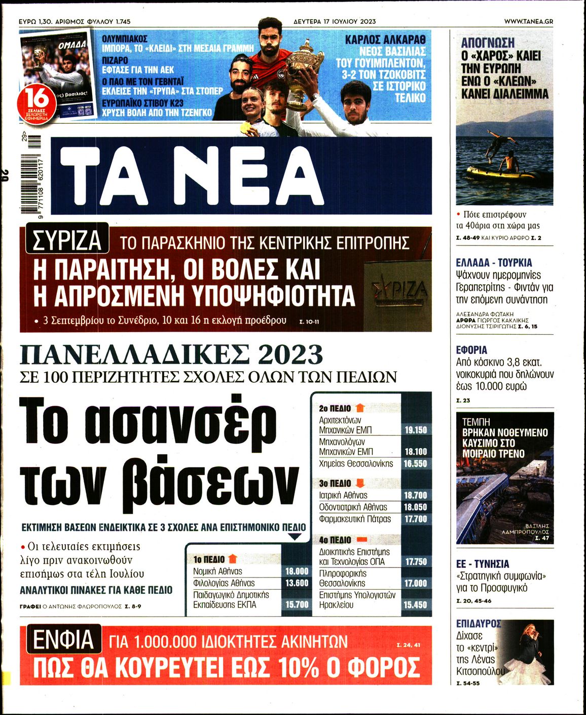 Εξώφυλο εφημερίδας ΤΑ ΝΕΑ 2023-07-17