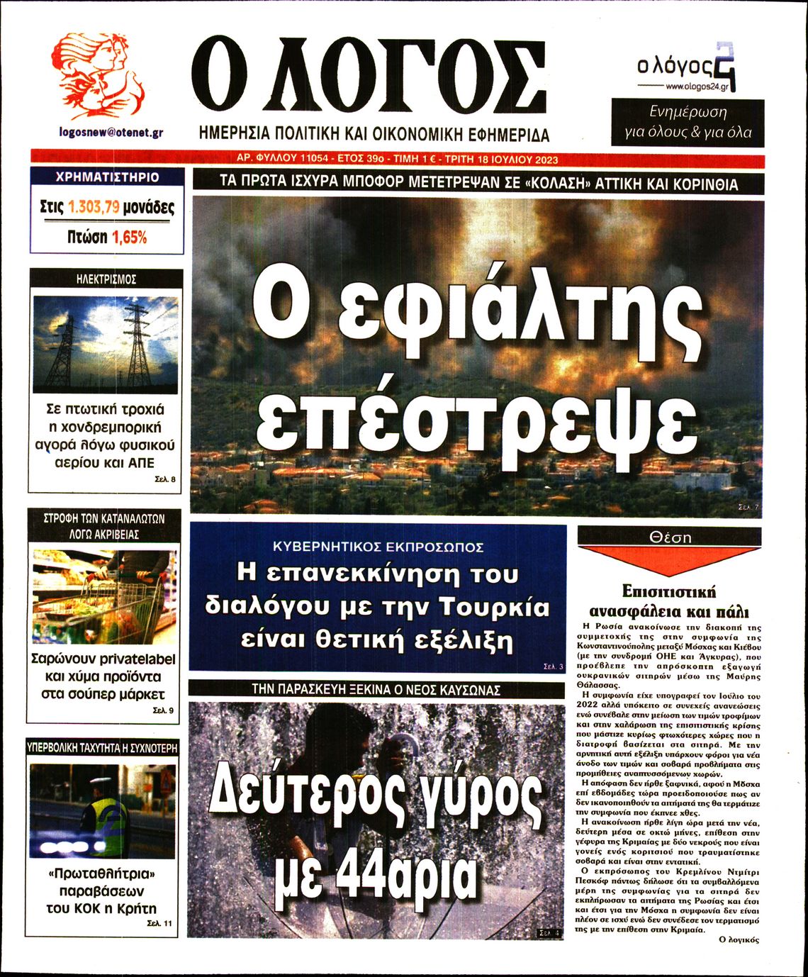 Εξώφυλο εφημερίδας Ο ΛΟΓΟΣ 2023-07-18