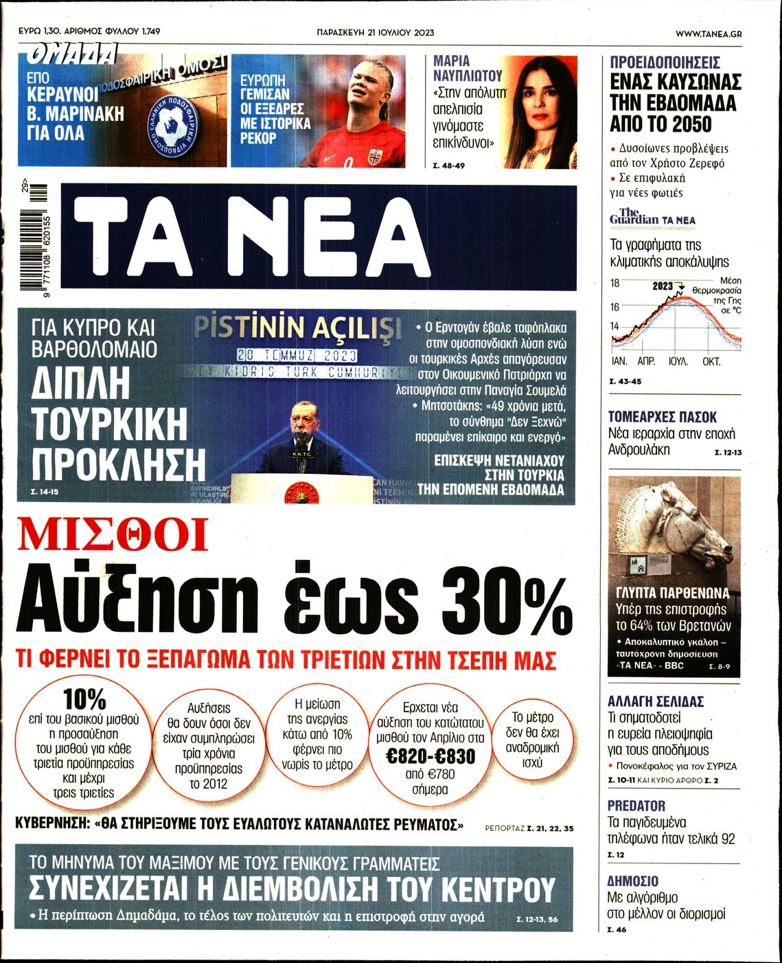 Εξώφυλο εφημερίδας ΤΑ ΝΕΑ 2023-07-21