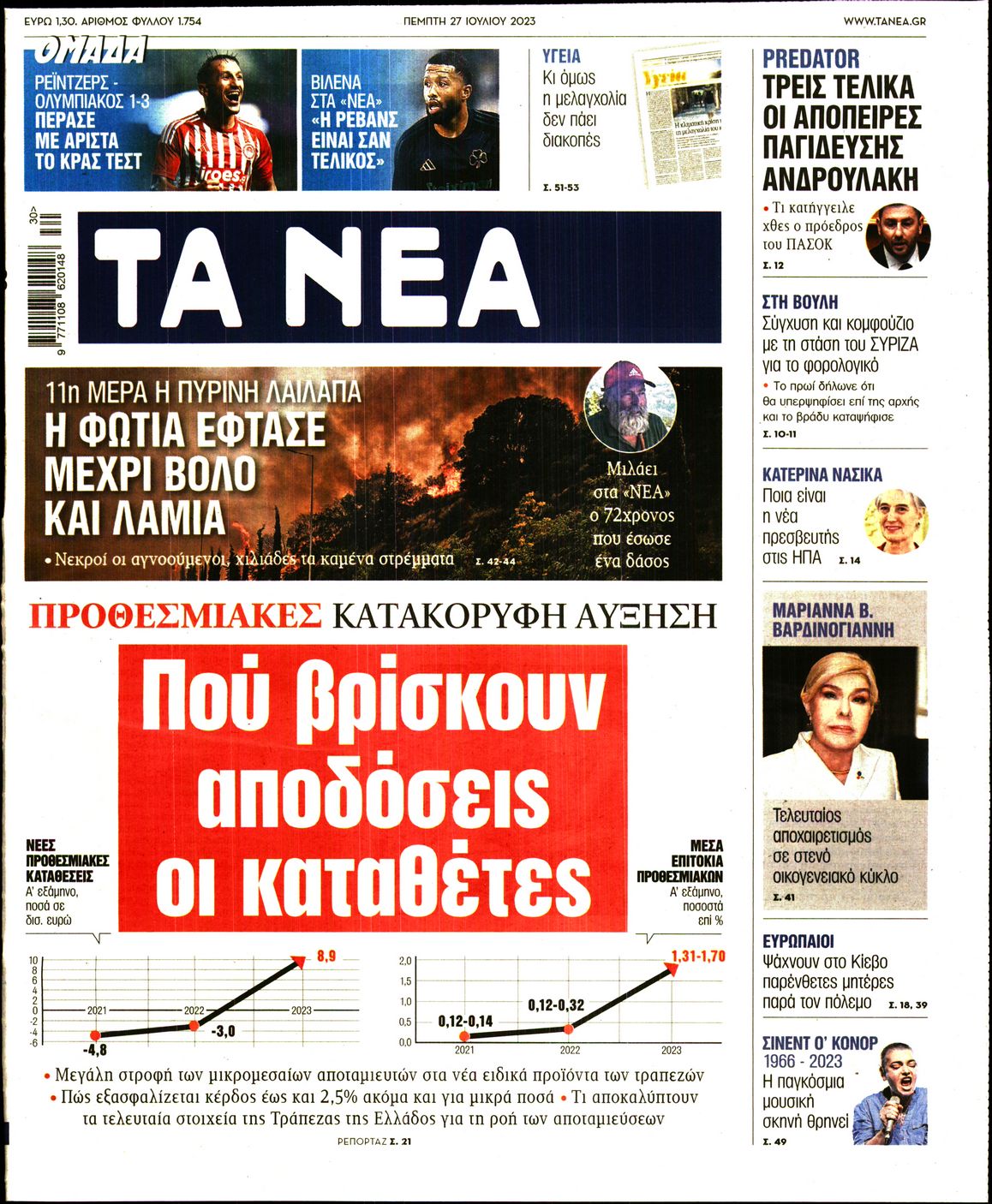 Εξώφυλο εφημερίδας ΤΑ ΝΕΑ 2023-07-27