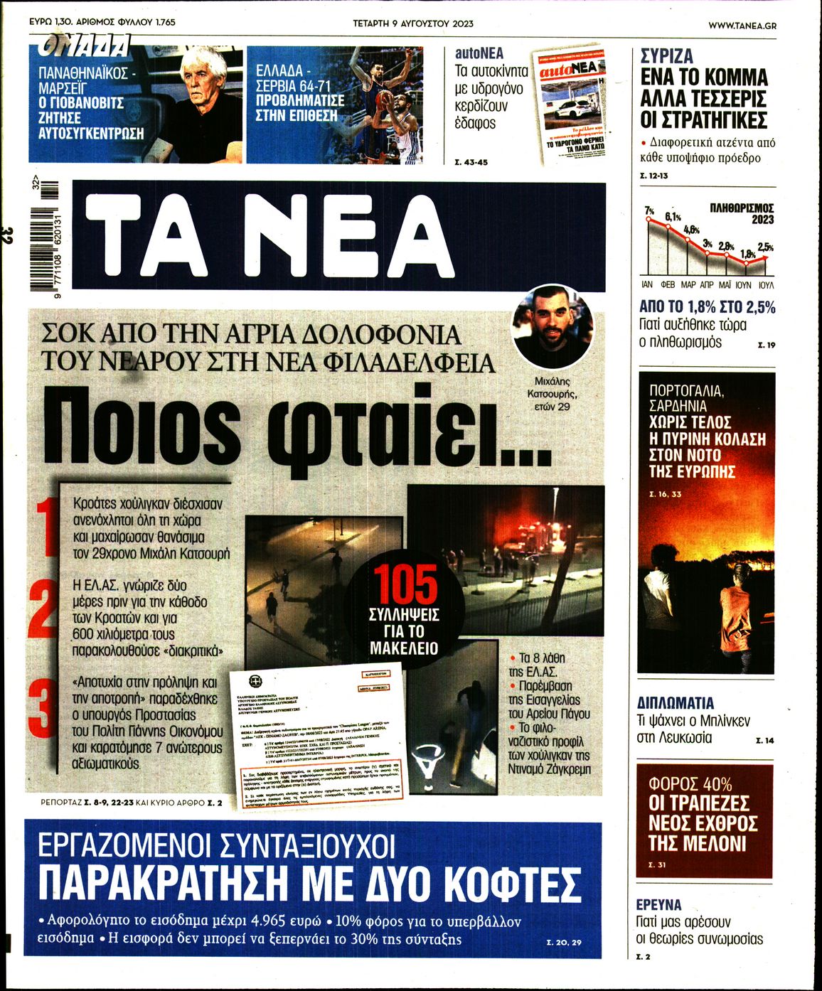 Εξώφυλο εφημερίδας ΤΑ ΝΕΑ 2023-08-09