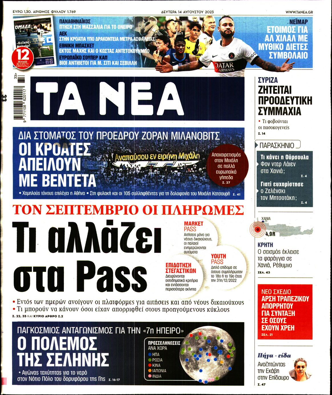 Εξώφυλο εφημερίδας ΤΑ ΝΕΑ 2023-08-14