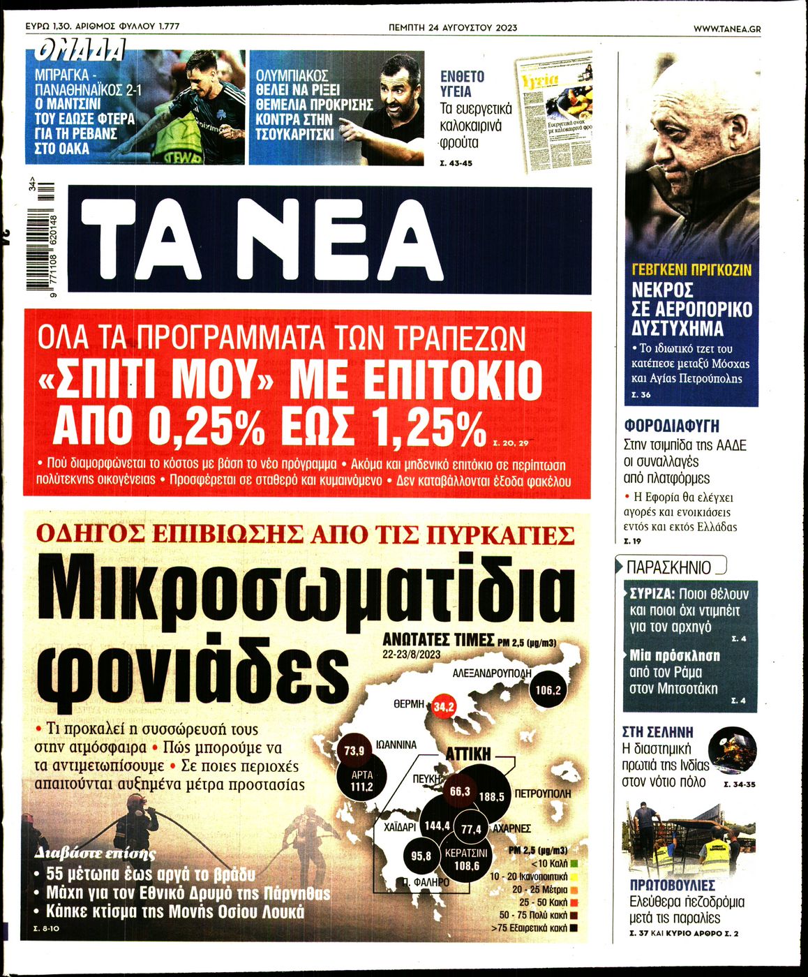 Εξώφυλο εφημερίδας ΤΑ ΝΕΑ 2023-08-24