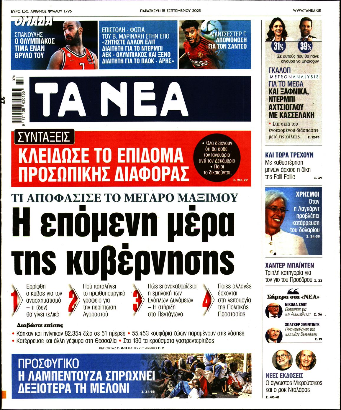 Εξώφυλο εφημερίδας ΤΑ ΝΕΑ 2023-09-15