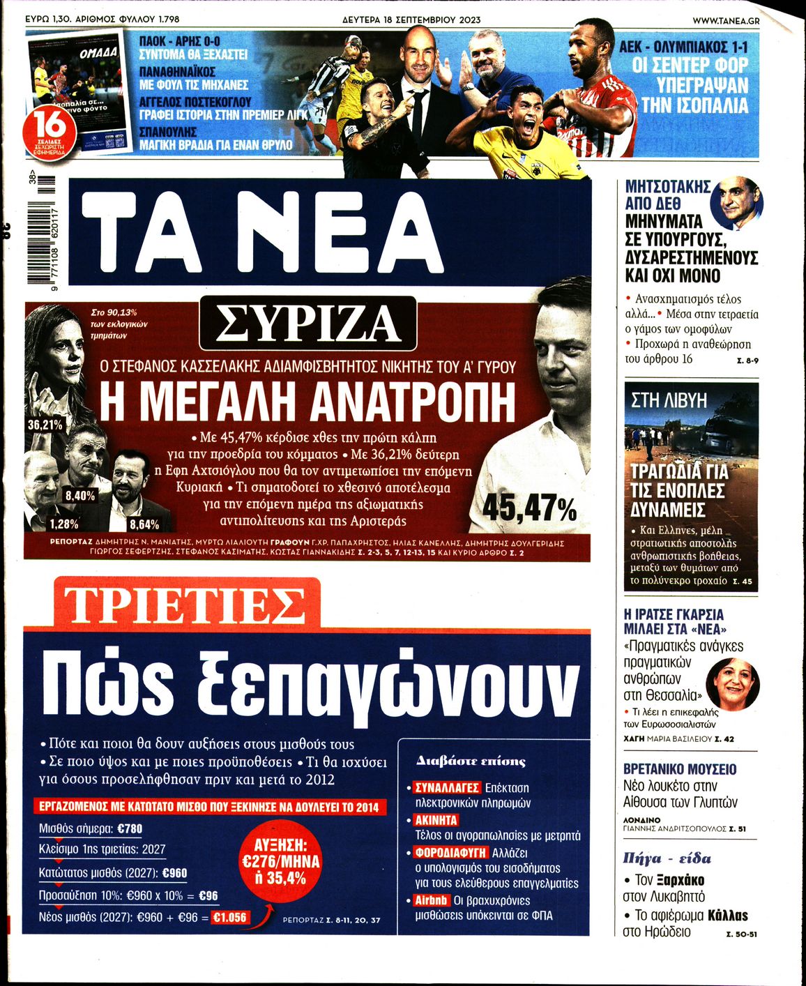 Εξώφυλο εφημερίδας ΤΑ ΝΕΑ 2023-09-18
