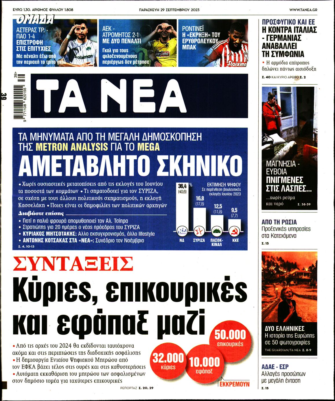 Εξώφυλο εφημερίδας ΤΑ ΝΕΑ 2023-09-29