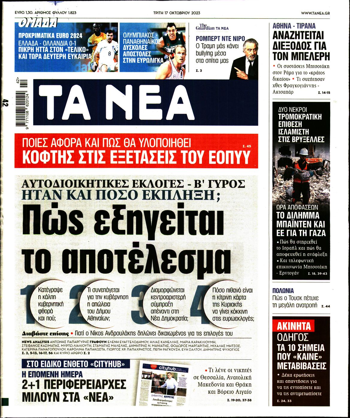 Εξώφυλο εφημερίδας ΤΑ ΝΕΑ 2023-10-17
